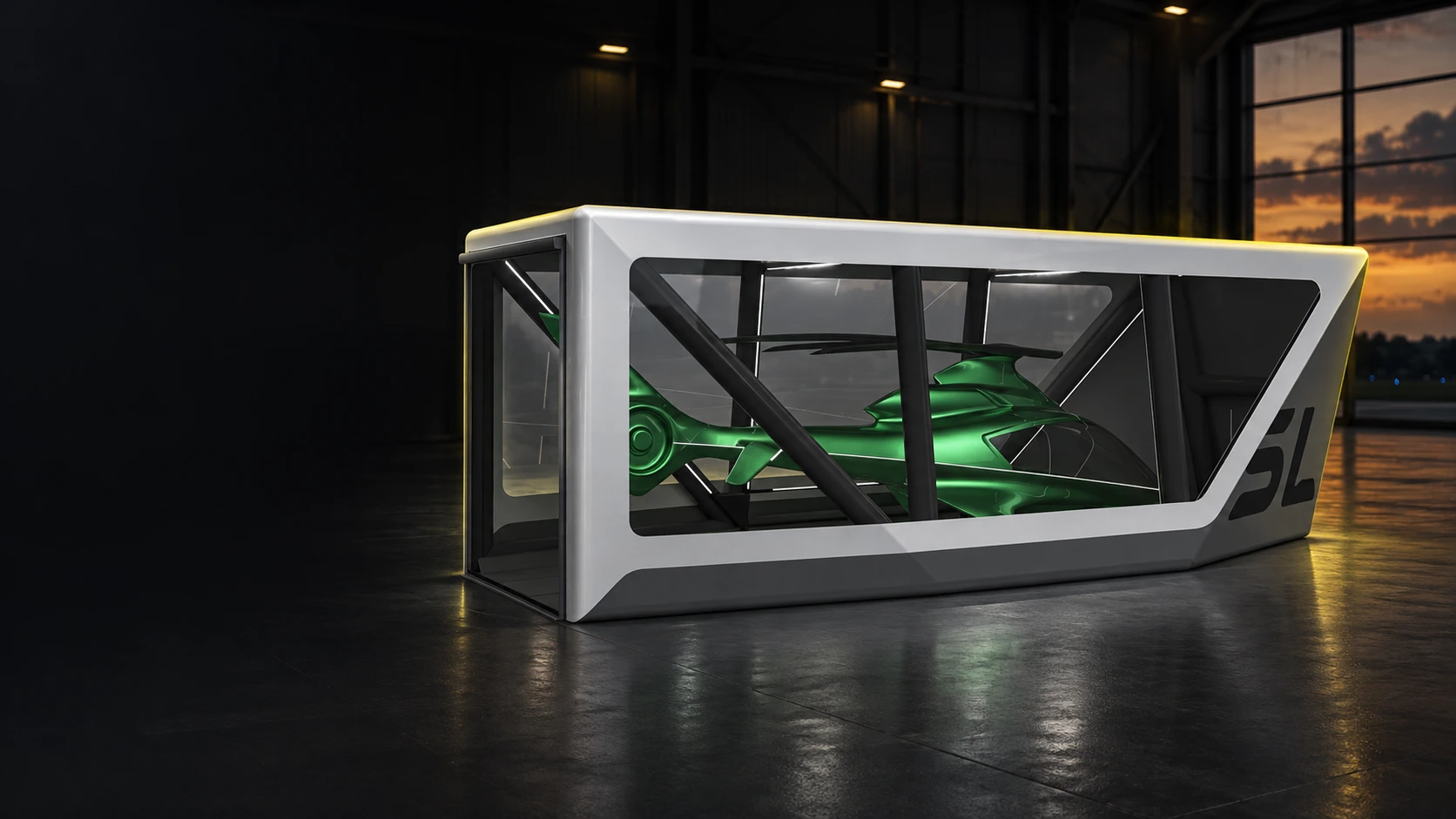 SkyLockr concept enclosure around a helicopter inside a hangar