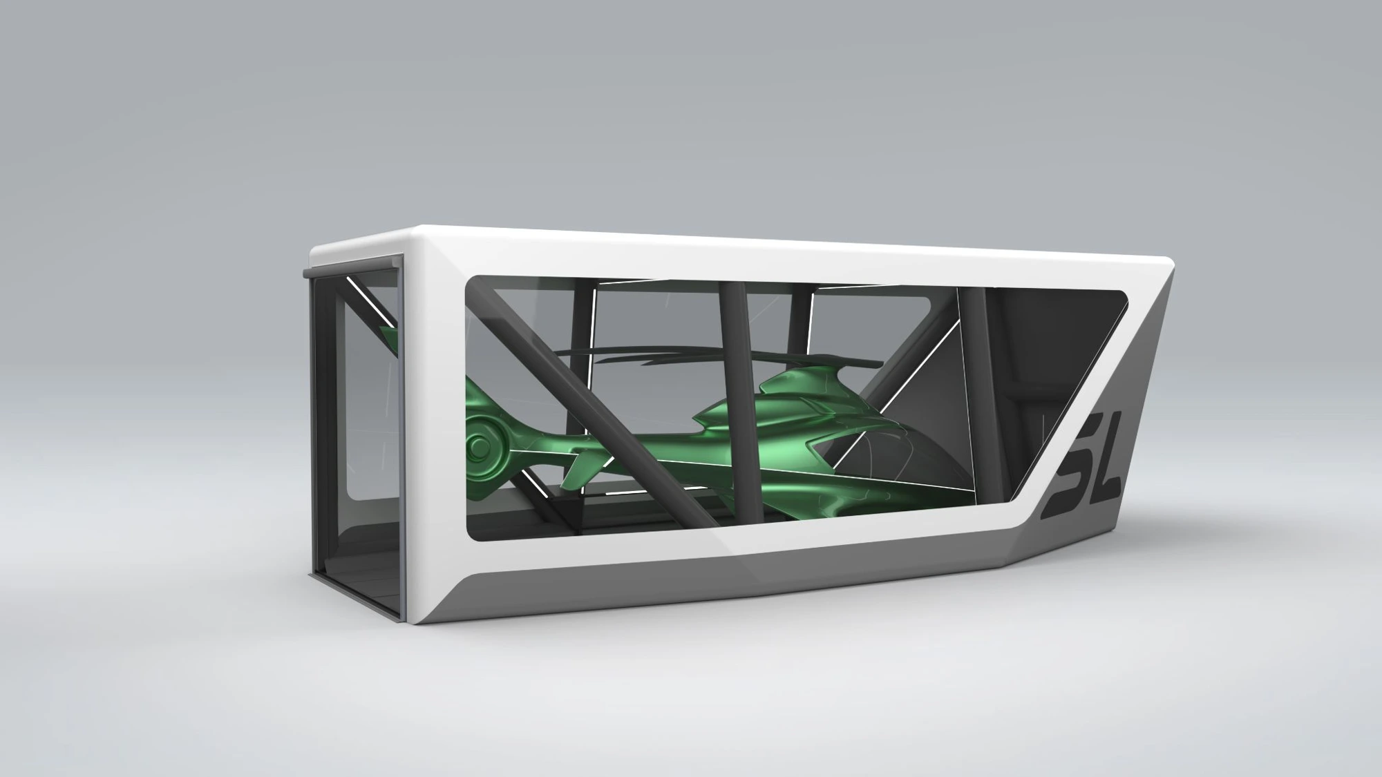 Complete SkyLockr enclosure design render with helicopter inside