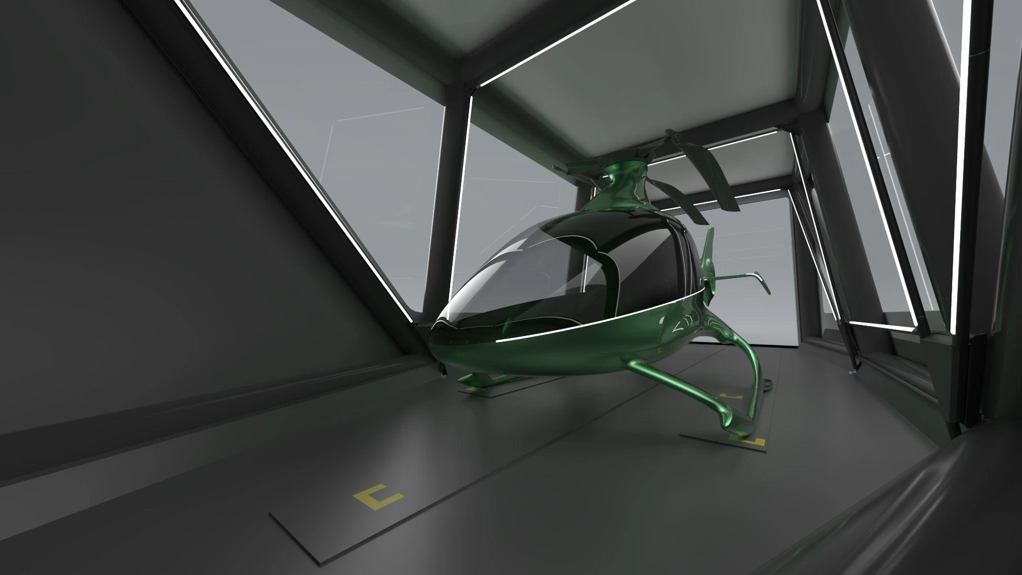 Interior design render of the helicopter within SkyLockr